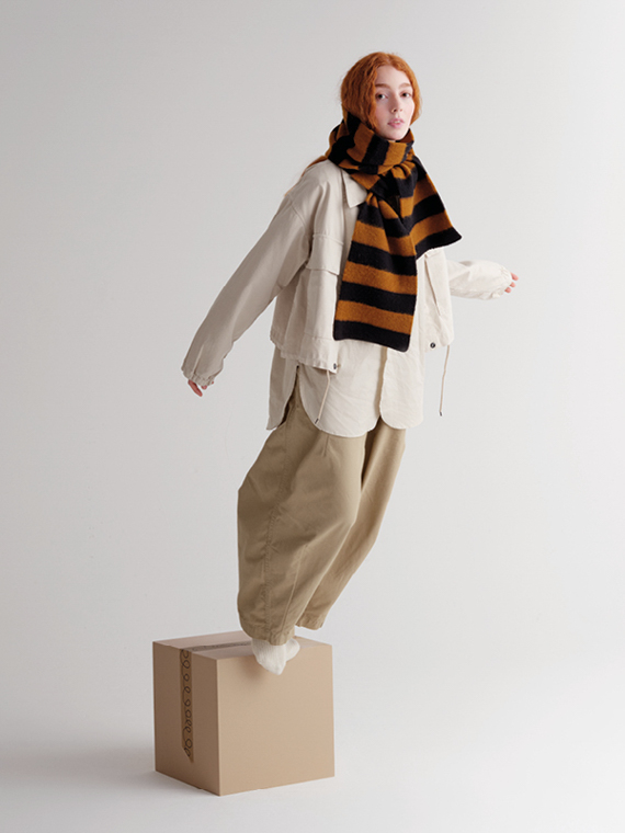 brushed stripe scarf black & cumin jo gordon knitwear jo gordon knits woolen scarfs lambswool made in Scotland cover