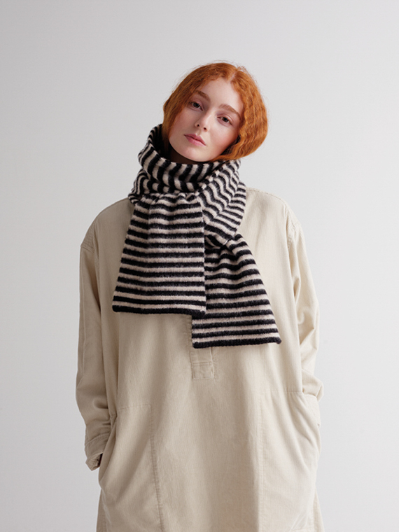 brushed narrow stripe scarf black & oatmeal jo gordon knitwear jo gordon knits jo gordon scarfs woolen scarfs cover