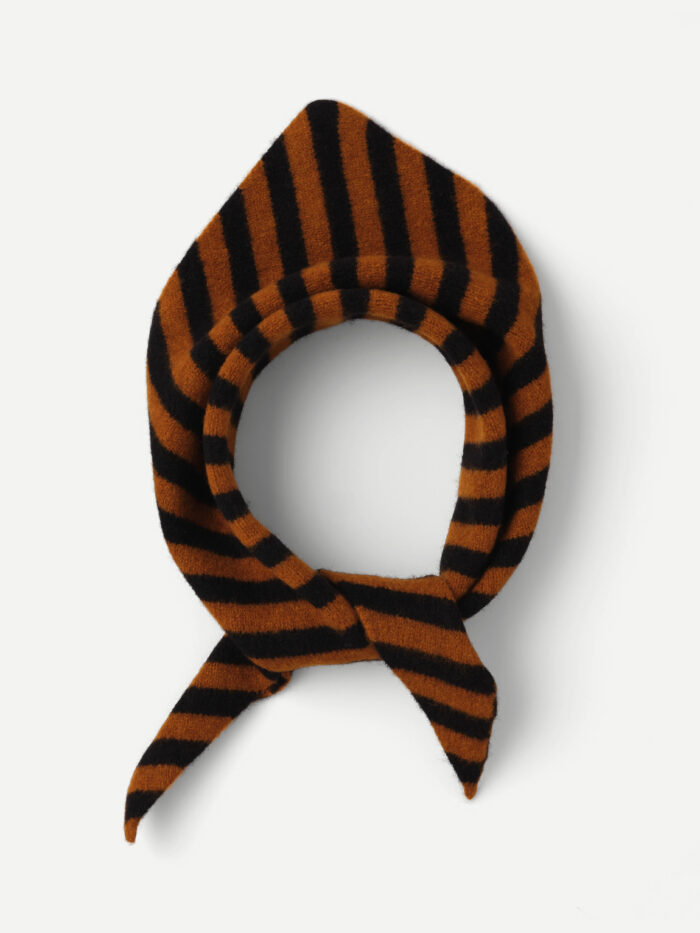 STRIPE TRIANGLE NECKERCHIEF BLACK & CUMIN jo gordon knitwear jo gordon scarfs woolen scarf lambswool packshot