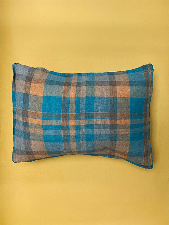 tartan linen cushion aqua ochre linge particulier French linen