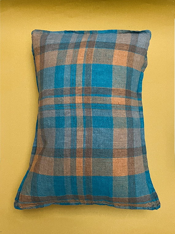 tartan linen cushion aqua ochre linge particulier French linen