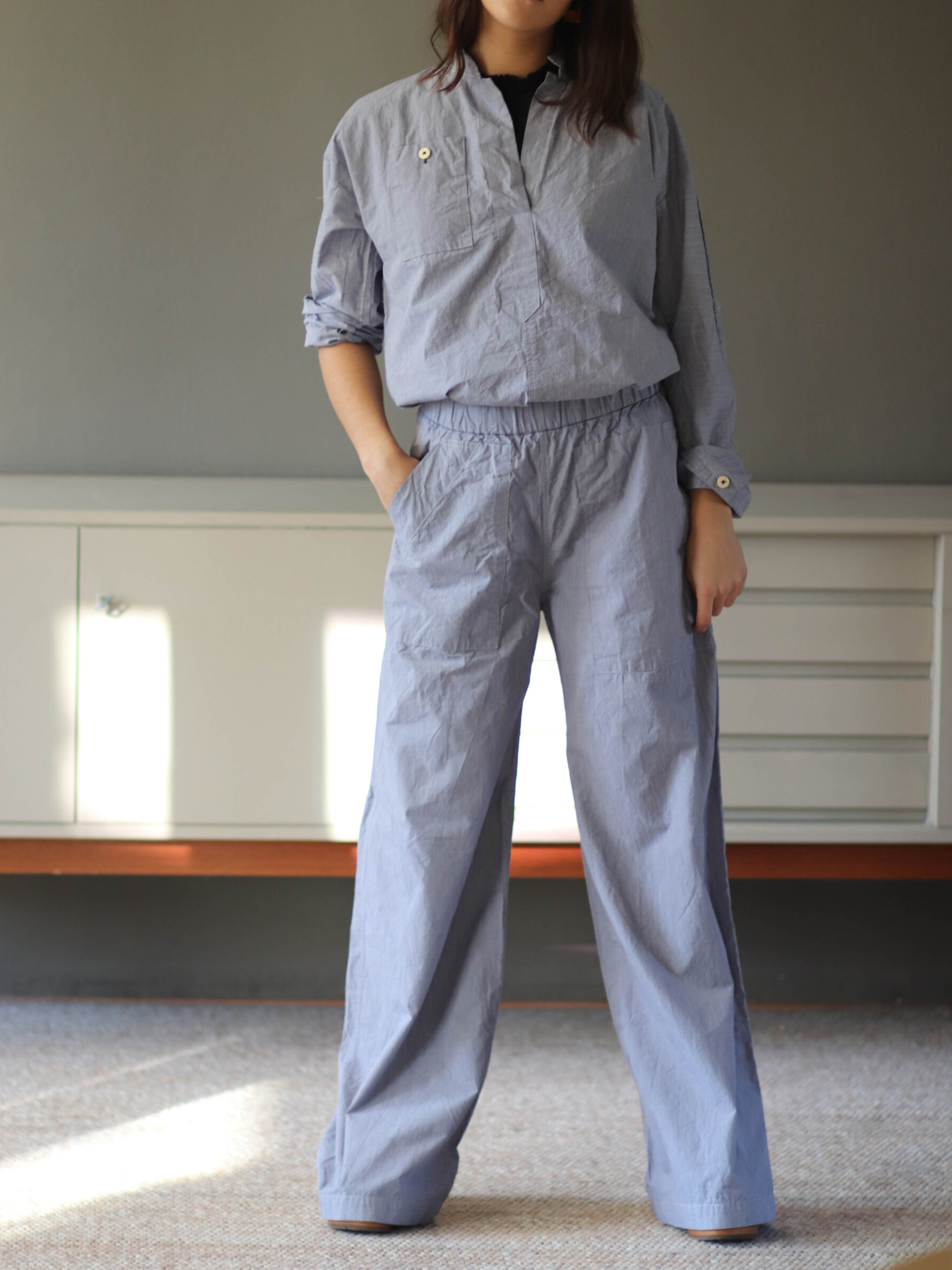 milou chambray blue cotton pants long legs fant shop online